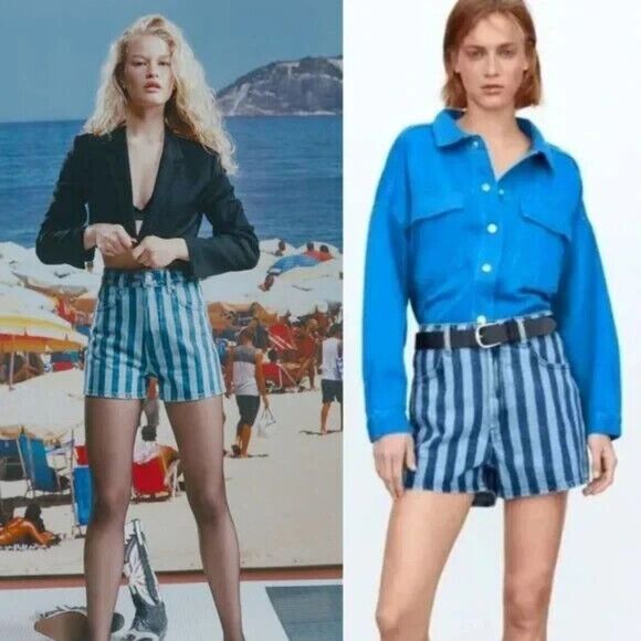 Zara Striped High Rise High Waist Denim Shorts Size US 4 (EU 36) - Picture 6 of 7